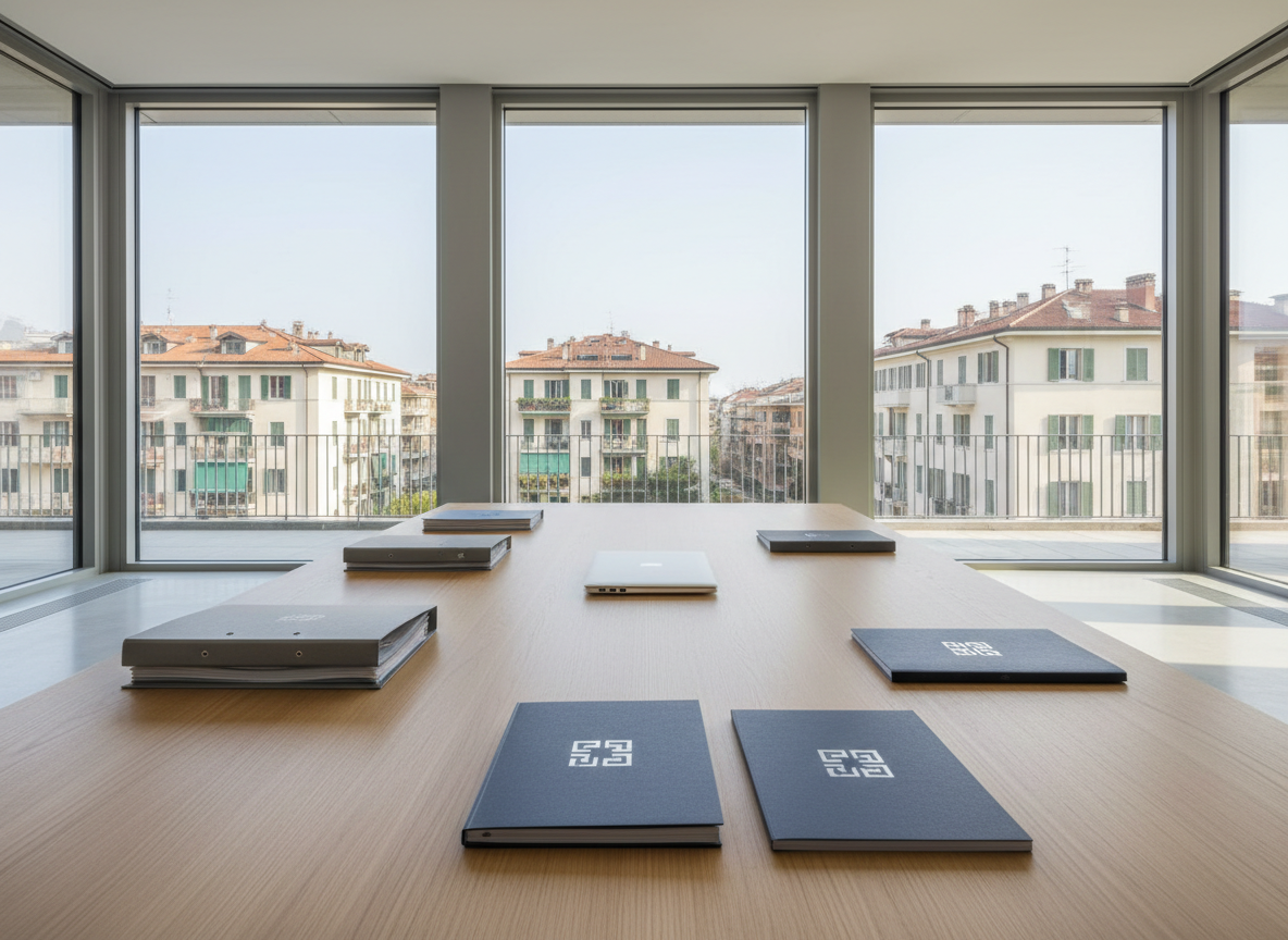 Tavolo da riunione in rovere chiaro con cartelle organizzate, un laptop e documenti rilegati in una sala moderna e luminosa