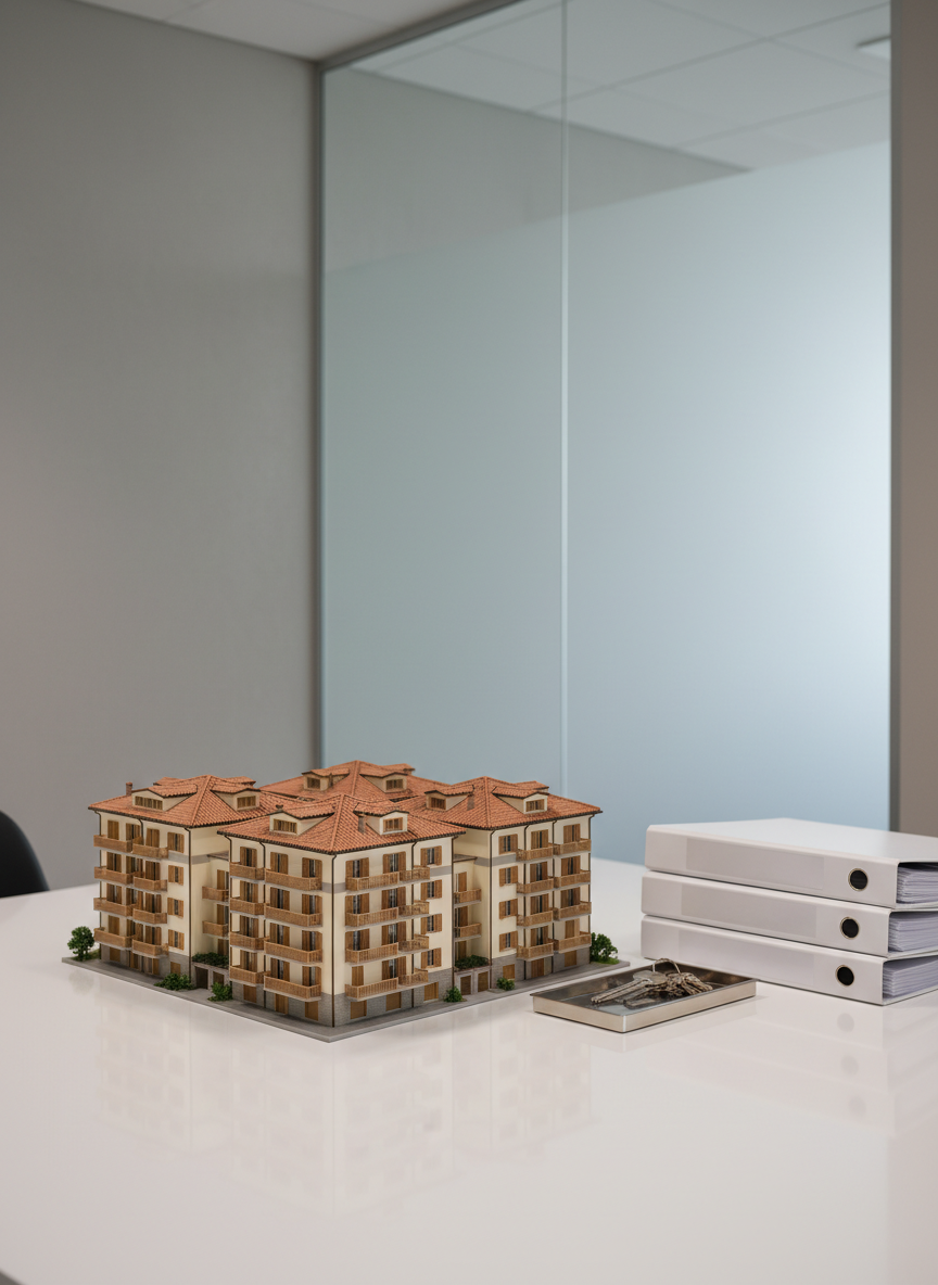 An orderly cluster of detailed scale models of Italian condominium buildings, each with balconies, shutters, and tiled roofs, arranged on a polished white desk. Beside them lies a set of metallic keys on a sleek key tray and a stack of neatly aligned, unbranded binders symbolizing regulations and standards. The setting is a minimalist, well-lit office with neutral walls and a large, frosted glass panel in the background. Soft studio-style lighting from the side creates crisp but gentle shadows, giving the scene a professional, trustworthy mood. Photographed from a slightly elevated angle with a balanced composition, the image conveys structure, governance, and professional administration.